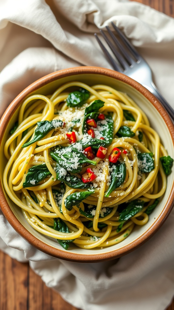 Creamy spinach and yogurt pasta garnished with Parmesan cheese in a rustic bowl.